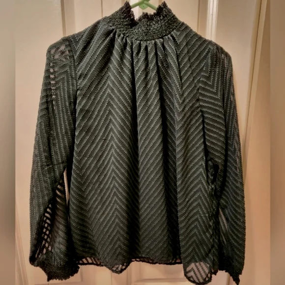 ONLY Emerald Green Chevron Blouse with Sheer Sleeves - S/4/36 - Picture 7 of 10